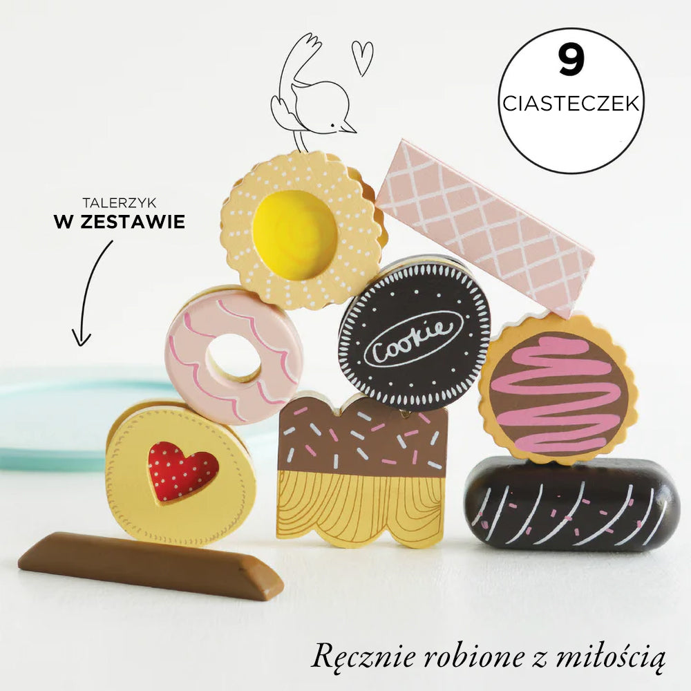 Drewniane ciasteczka zestaw: 9 kolorowych, bogato zdobionych ciasteczek w pastelowych barwach, bezpiecznych dla dzieci, idealnych do kreatywnej zabawy.