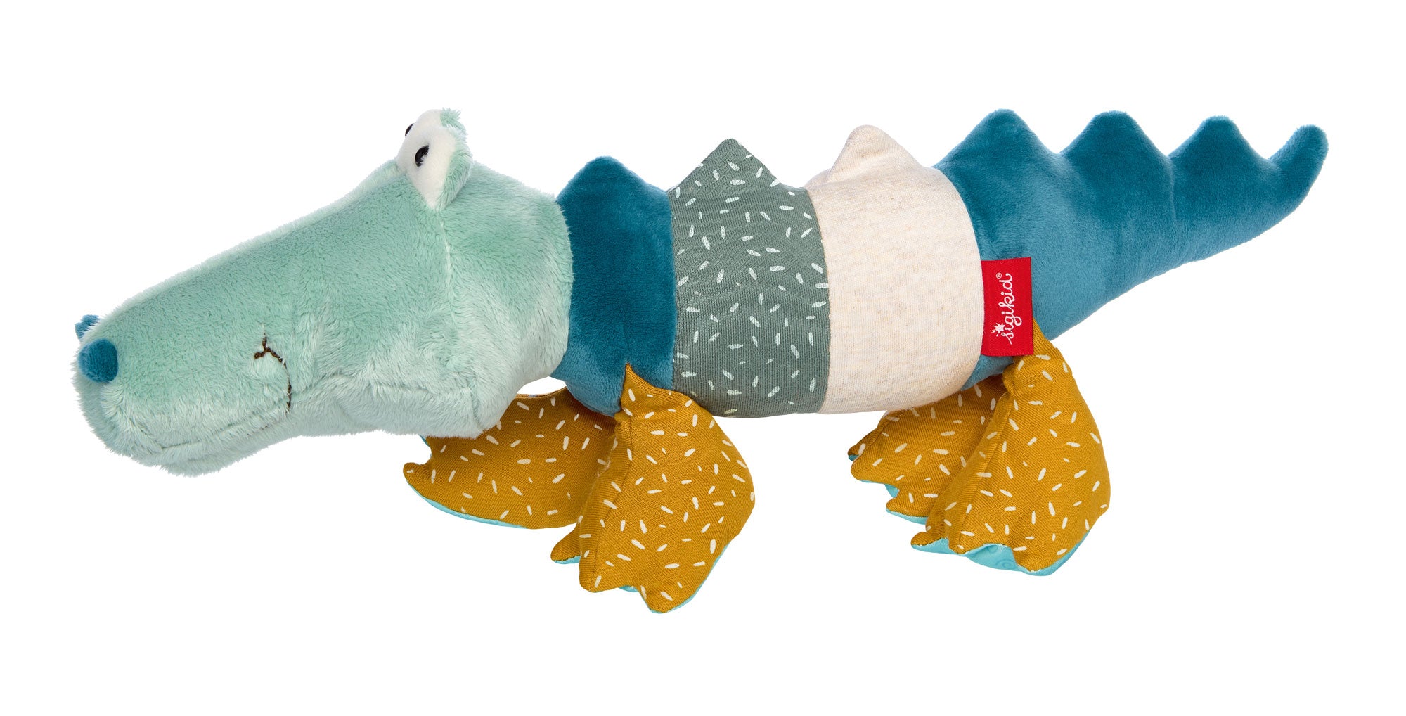 Pierwsza przytulanka pluszowy Krokodyl 43cm, patchworkowa maskotka o pastelowych kolorach i różnorodnych teksturach, idealna dla niemowląt.