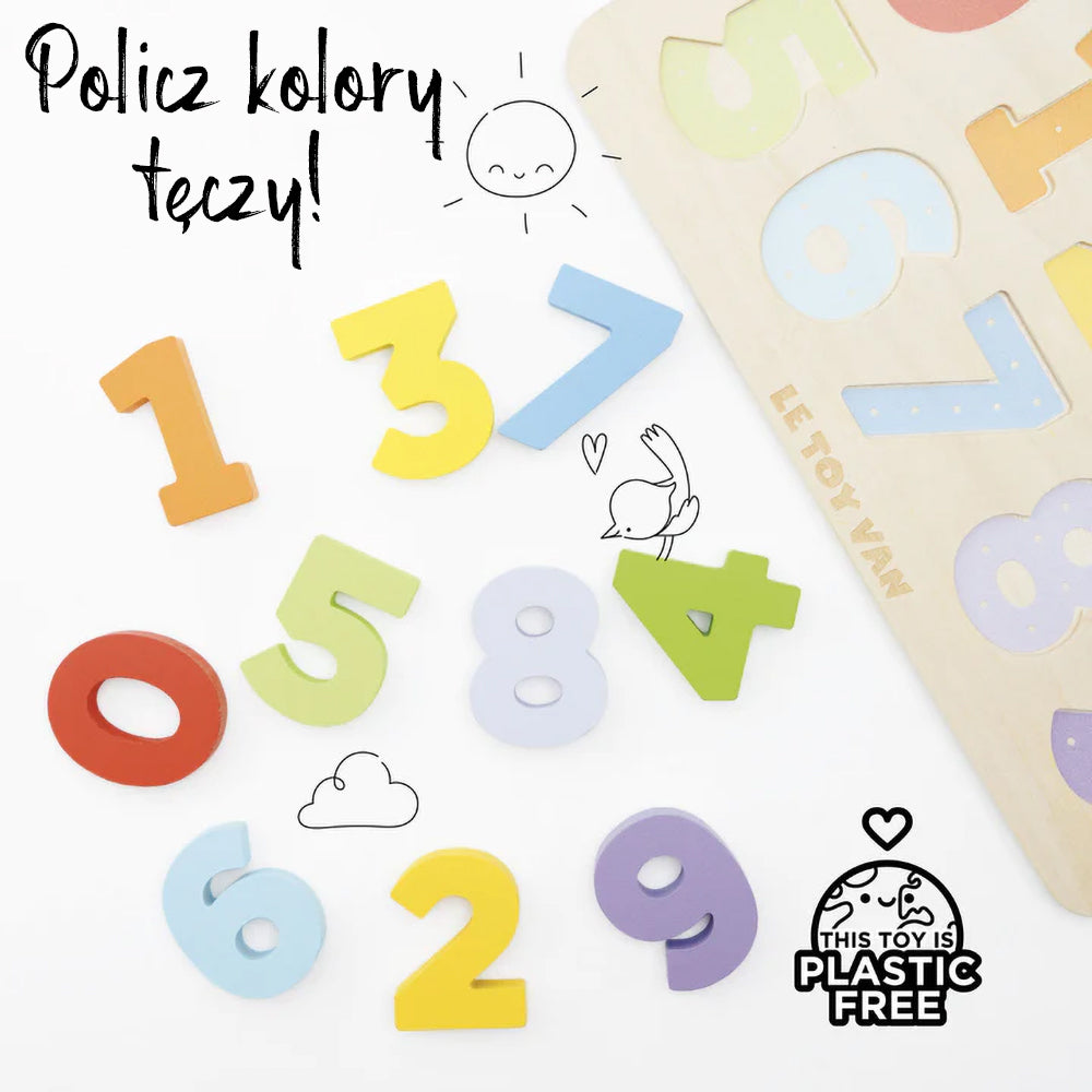 Drewniane cyferki sorter kształtów Le Toy Van. Kolorowa zabawka edukacyjna dla dzieci do nauki liczenia i rozpoznawania kształtów, bez plastiku.