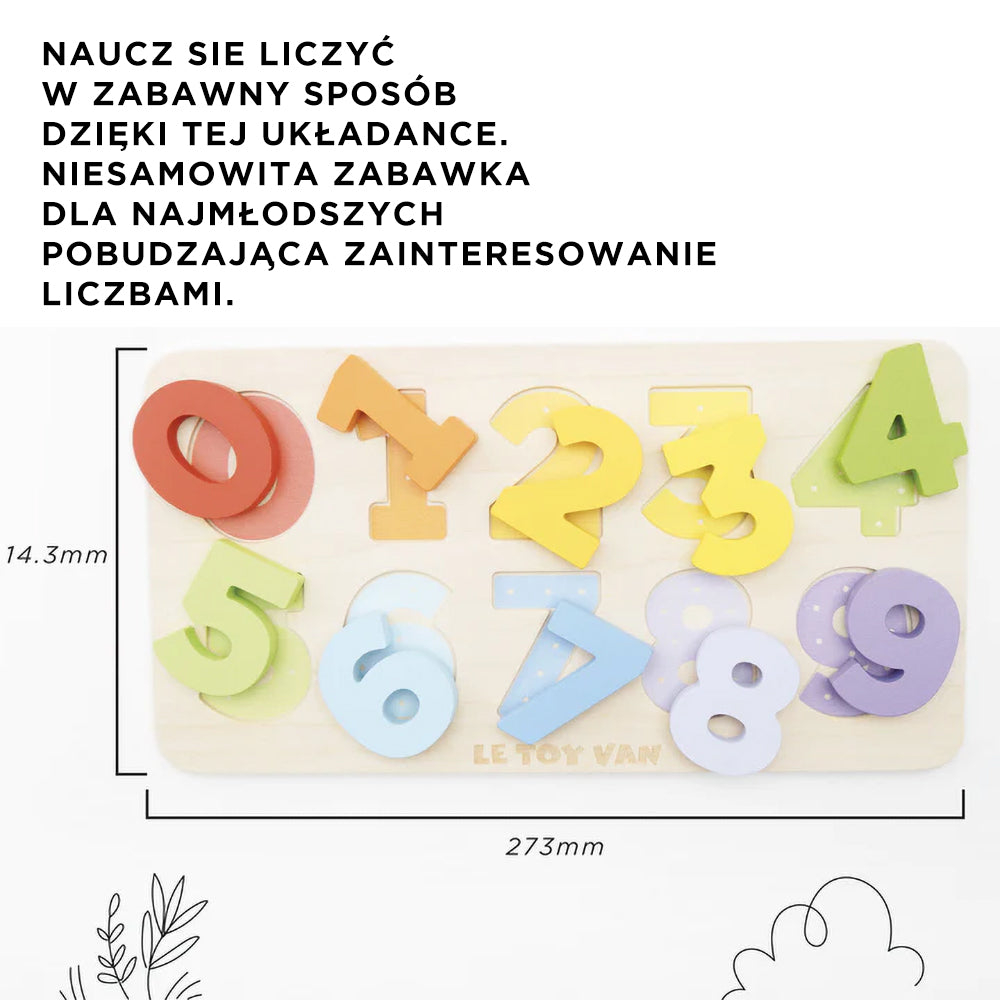 Rozwijająca drewniana zabawka edukacyjna z kolorowym sorterem cyferek 0-9 dla dzieci do nauki liczenia i rozpoznawania kształtów.