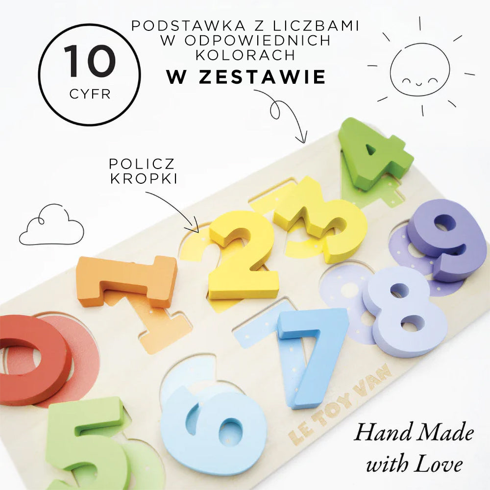 Drewniany sorter cyferek i kształtów Le Toy Van. Edukacyjna zabawka dla dzieci do nauki liczenia z kolorowymi liczbami i tacą z kropkami.