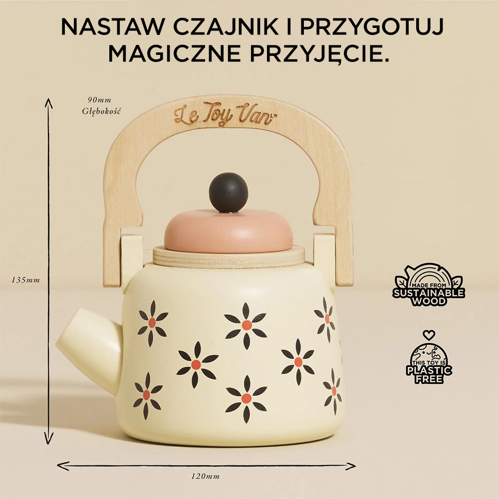 Drewniany czajniczek Le Toy Van, akcesoria kuchenne dla dzieci, w kolorze złamanej bieli z kwiatowym wzorem. Ekologiczna zabawka z drewna ze zrównoważonych źródeł, bez plastiku, z realistycznym uchwytem i zdejmowaną pokrywką do zabawy w herbatkę.