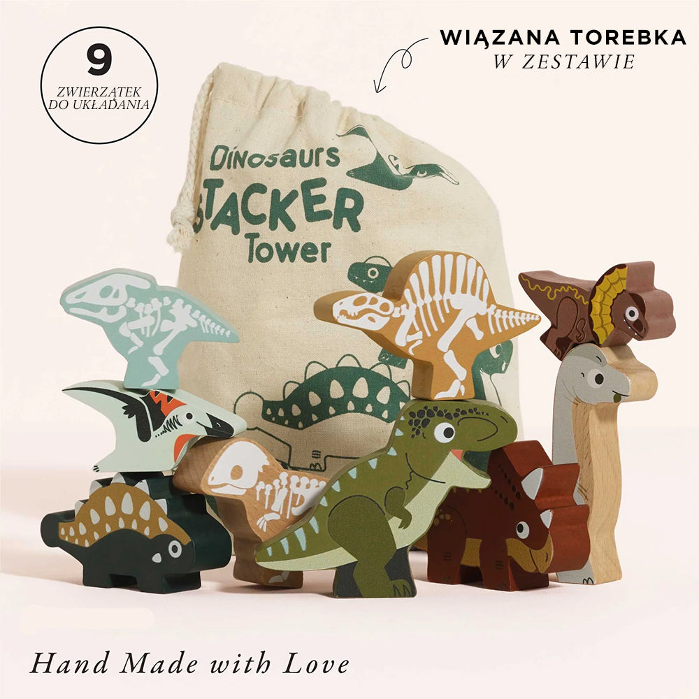 Kolorowy zestaw 9 drewnianych figurek dinozaurów do układania, z bawełnianym woreczkiem, idealny dla małych dzieci.