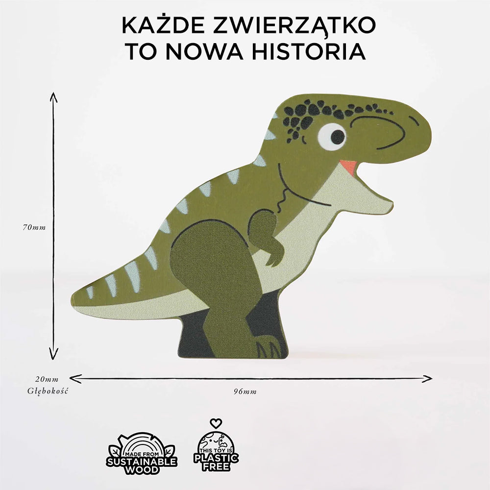 Gruba, drewniana figurka dinozaura T-Rexa o wymiarach 70x96x20mm, w zielonym kolorze z bezpiecznymi farbami. Idealna do układanki dla małych dzieci, wykonana z ekologicznego drewna, bez plastiku.