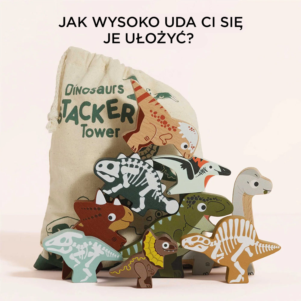 Drewniane figurki dinozaury do układania w wieżę, zabawka układanka dla dzieci. Zestaw kolorowych, bezpiecznych bloków dinozaurów, idealny do rozwijania kreatywności i małej motoryki.