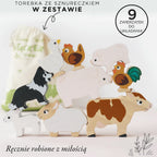 Drewniane figurki zwierzątek wiejskich: zabawka układanka dla małych dzieci. Zestaw 9 grubych, kolorowych zwierzątek hodowlanych (krowa, świnka, prosiaczek, kura, kogut, owca, pies) ułożonych w stos, z torbą do przechowywania.