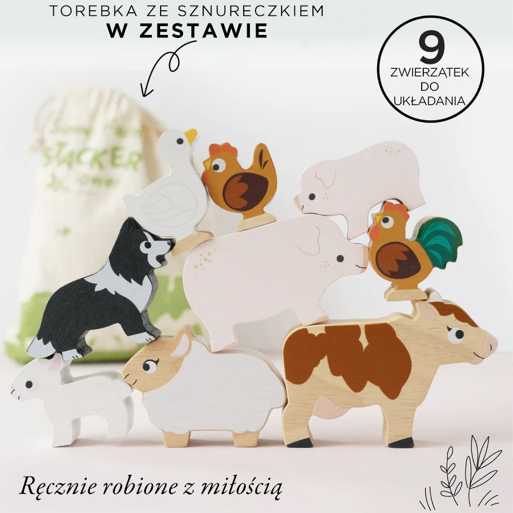 Drewniane figurki zwierzątek wiejskich: zabawka układanka dla małych dzieci. Zestaw 9 grubych, kolorowych zwierzątek hodowlanych (krowa, świnka, prosiaczek, kura, kogut, owca, pies) ułożonych w stos, z torbą do przechowywania.