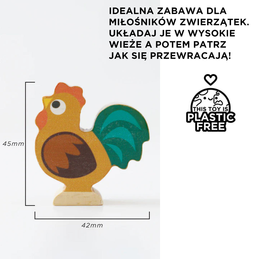 Kolorowa drewniana figurka koguta (45x42mm) z zestawu układanki zwierzątka wiejskie, idealna do układania, plastik free.