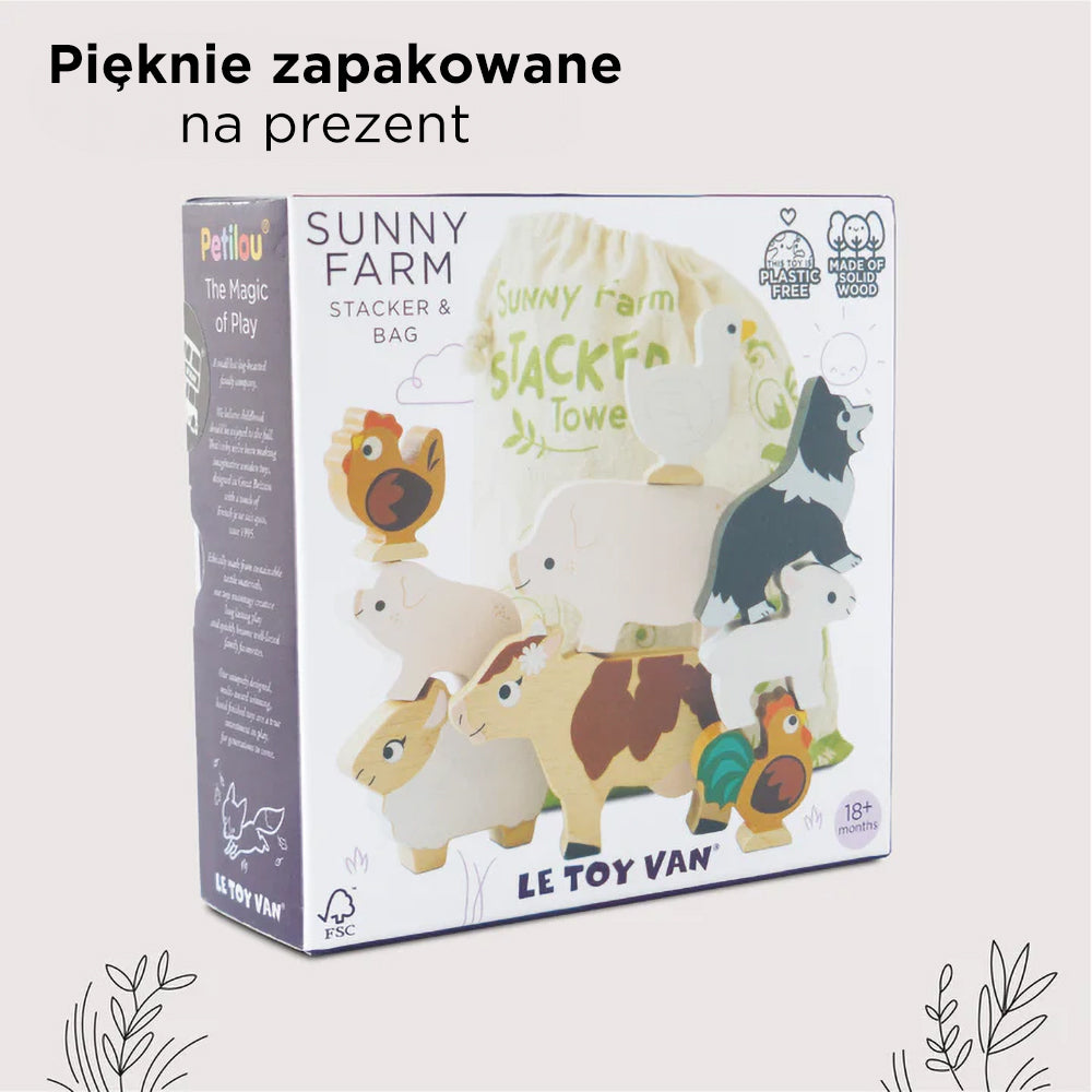 Drewniana układanka zwierzątka wiejskie Le Toy Van, pięknie zapakowana na prezent dla małych dzieci. Bezpieczne figurki z drewna.