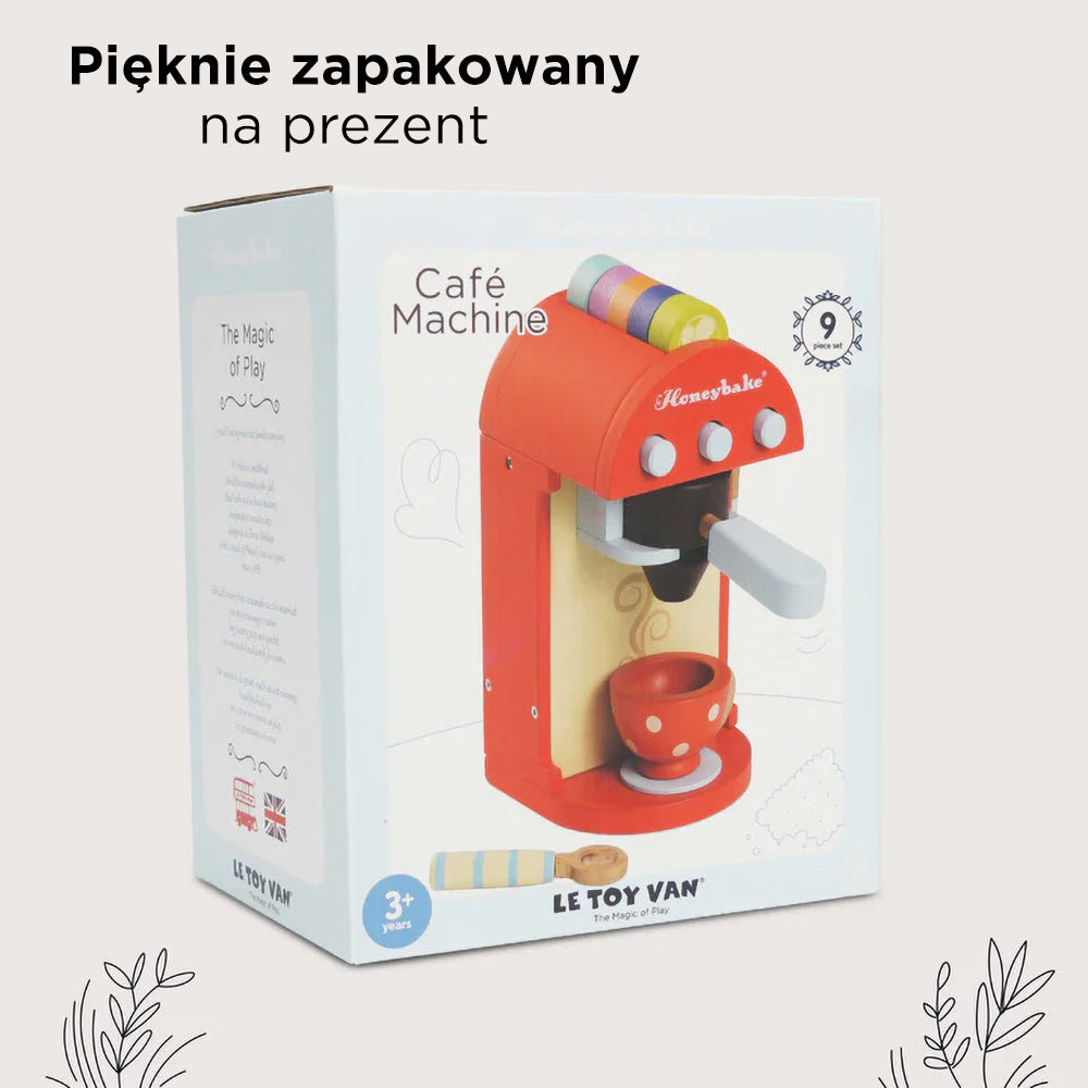 Elegancko zapakowany drewniany ekspres do kawy Honeybake Le Toy Van dla dzieci – idealny prezent dla małych baristów.