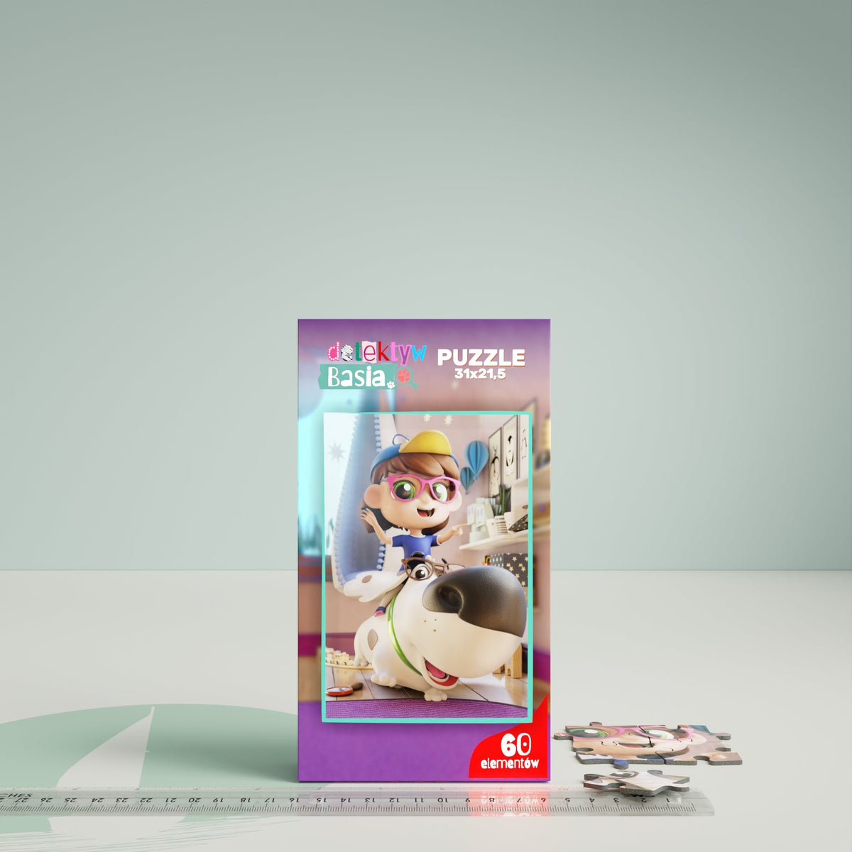 Puzzle Detektyw Basia 31 x 21,5 cm – opakowanie z kolorowym obrazkiem Basi i Rysia, dla dzieci od 3 lat.