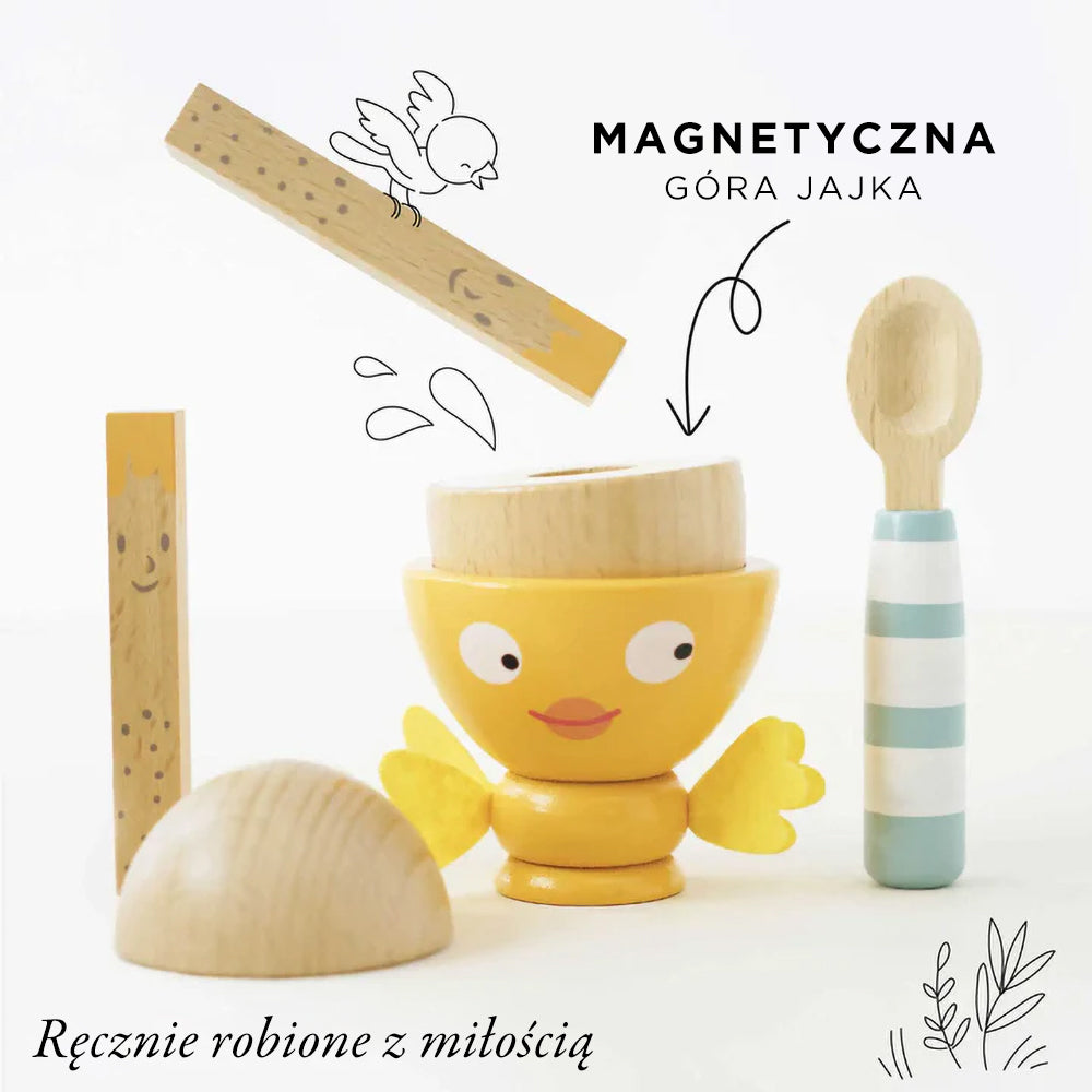Drewniany kieliszek do jajka i jajko: urocza zabawka z żółtym kurczaczkiem, magnetycznym otwierającym się jajkiem, drewnianą łyżeczką i ręcznie malowanymi mieszadełkami. Idealna do kreatywnej, sensorycznej zabawy dla dzieci.