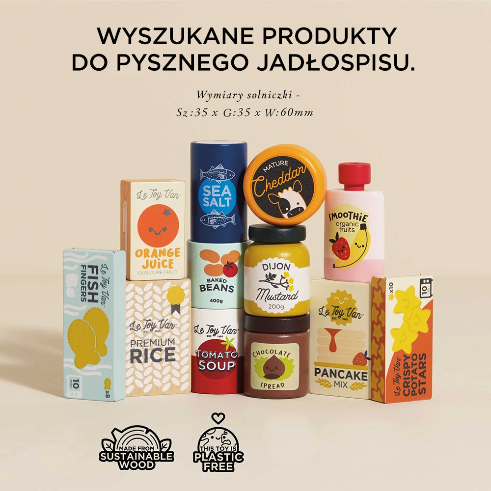 Zestaw 12 realistycznych drewnianych artykułów spożywczych Le Toy Van do zabawy w gotowanie i sklep: ser cheddar, zupa pomidorowa, sok pomarańczowy, musztarda Dijon i inne. Wykonany z ekologicznego drewna, bez plastiku.