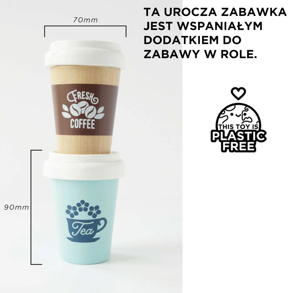 Drewniany zestaw zabawek: kubki z kawą i herbatą na wynos, idealne do kawiarni dla dzieci, bez plastiku.