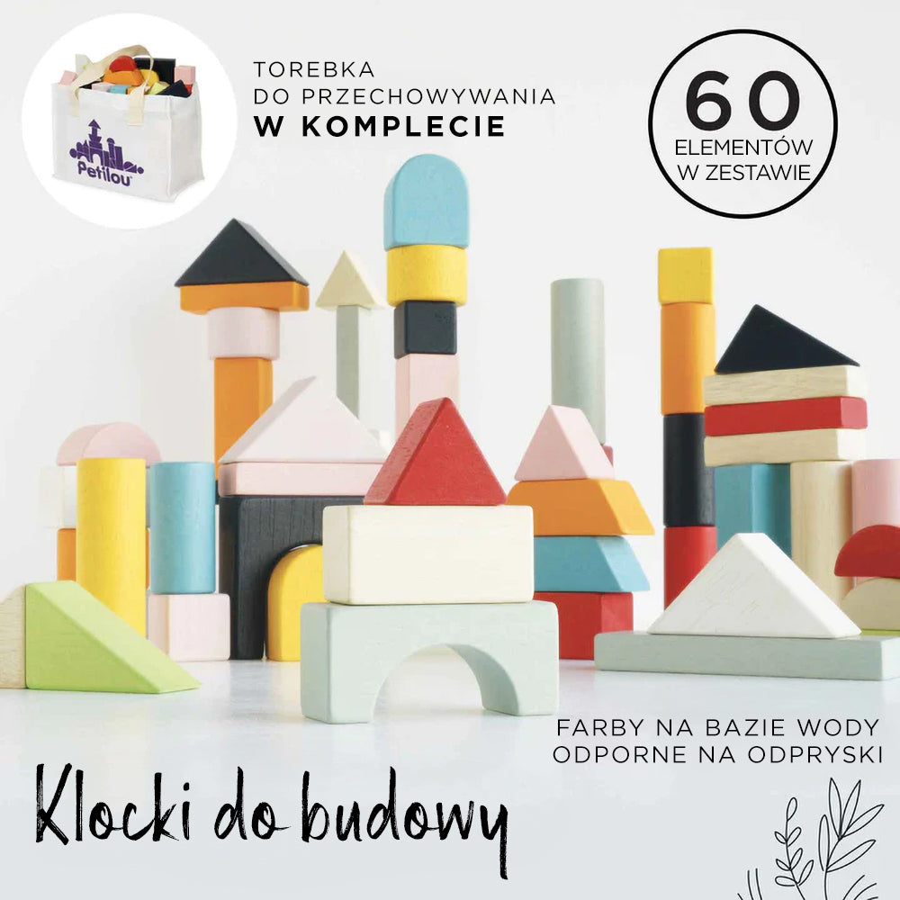 Kolorowe drewniane klocki edukacyjne w różnych kształtach, zestaw 60 sztuk do kreatywnego budowania, z bezpiecznymi farbami wodnymi i praktyczną torbą do przechowywania.