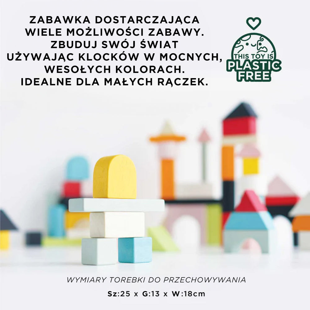 Zestaw 60 drewnianych klocków edukacyjnych dla dzieci, wesołe kolory i różnorodne kształty. Ekologiczna zabawka bez plastiku, rozwijająca kreatywność i zdolności budowania.