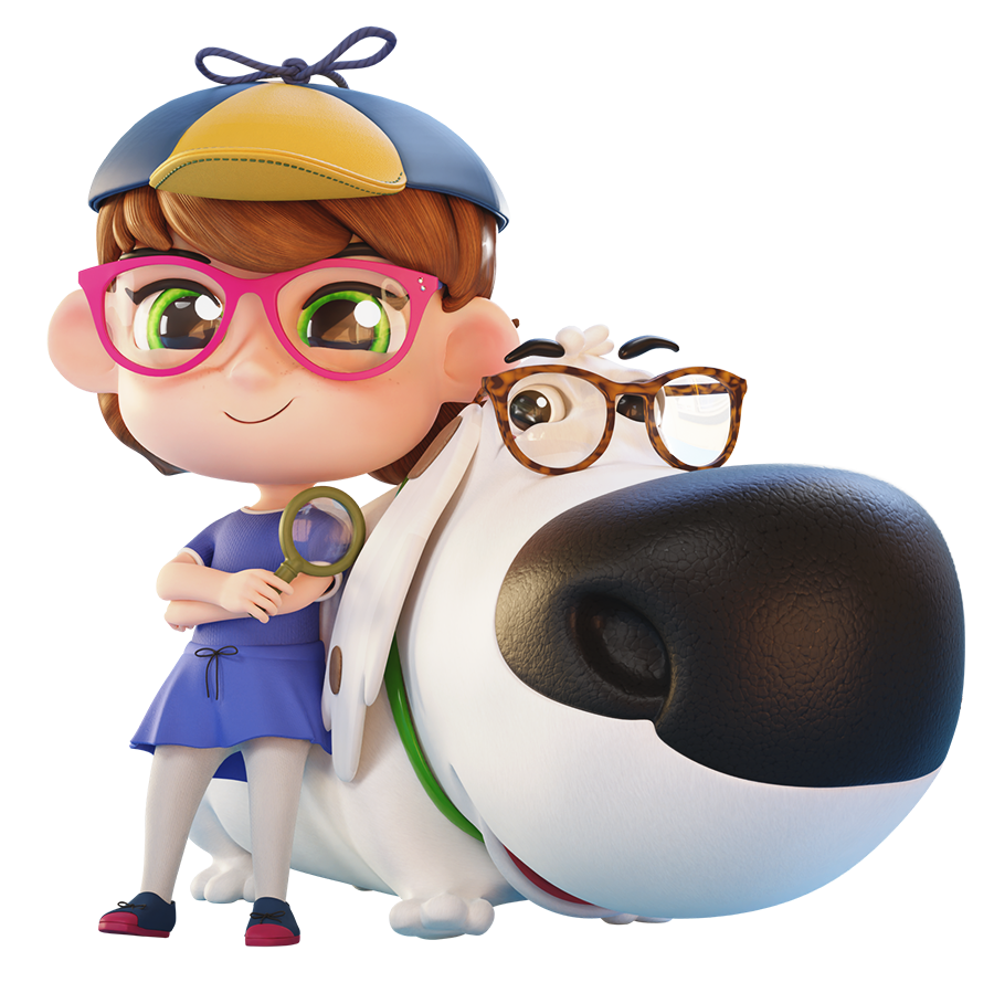 Detective Basia in her detective glasses sitting on the back of Rysio the dog