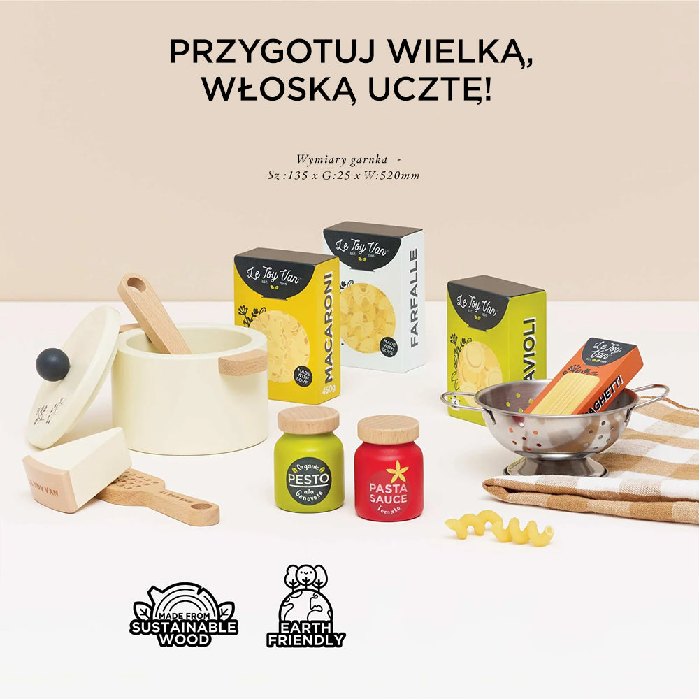 Drewniany zestaw Le Toy Van: makarony do zabawy, sosy, ser, garnek i akcesoria kuchenne. Realistyczne włoskie jedzenie do kreatywnej zabawy w gotowanie dla dzieci, wykonane ze zrównoważonego drewna.