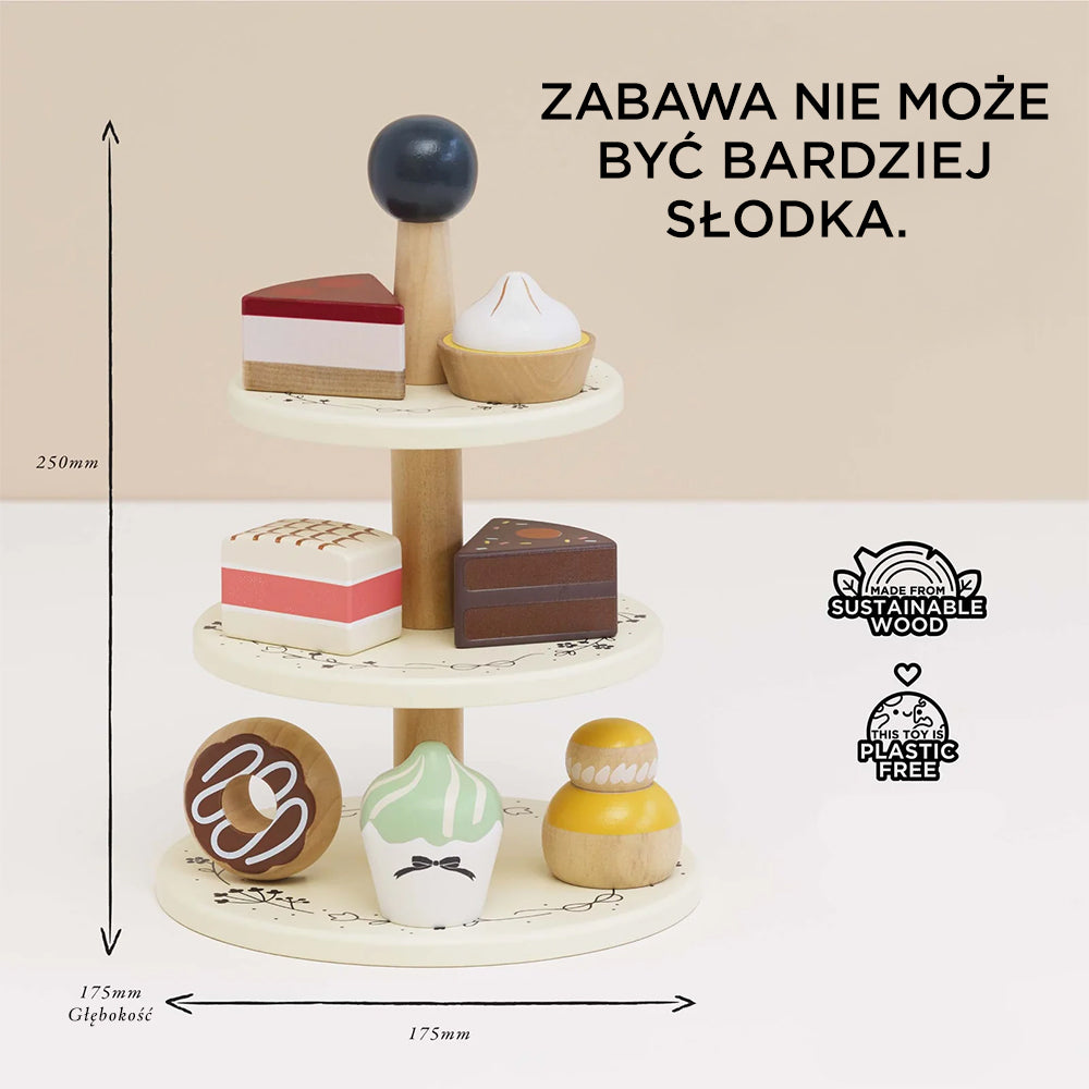 Elegancka drewniana patera 3-poziomowa z zestawem 7 uroczych, kolorowych, bezpiecznych dla dzieci słodkości do zabawy w gotowanie. Zabawka wykonana z ekologicznego, zrównoważonego drewna, bez plastiku, wymiary: 250mm wys. x 175mm gł.
