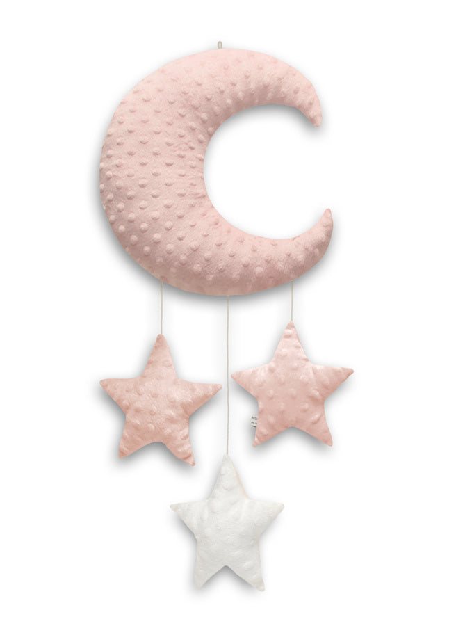 Dream Pillows girlanda pluszowa Księżyc. Różowa dekoracja ścienna z miękkiego pluszu z gwiazdkami, idealna do przytulnego pokoju dziecka.
