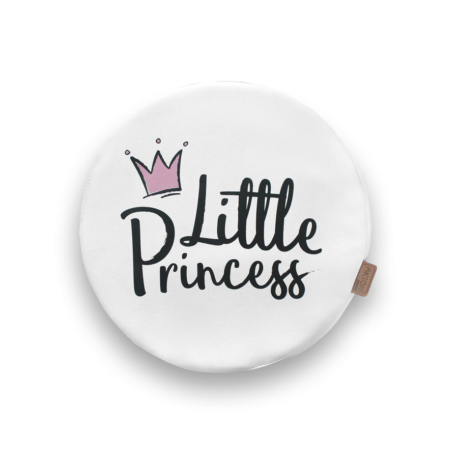 Okrągła biała poduszka z ekoskóry z uroczym wzorem Little Princess i różową koroną, idealna do pokoju dziecięcego.