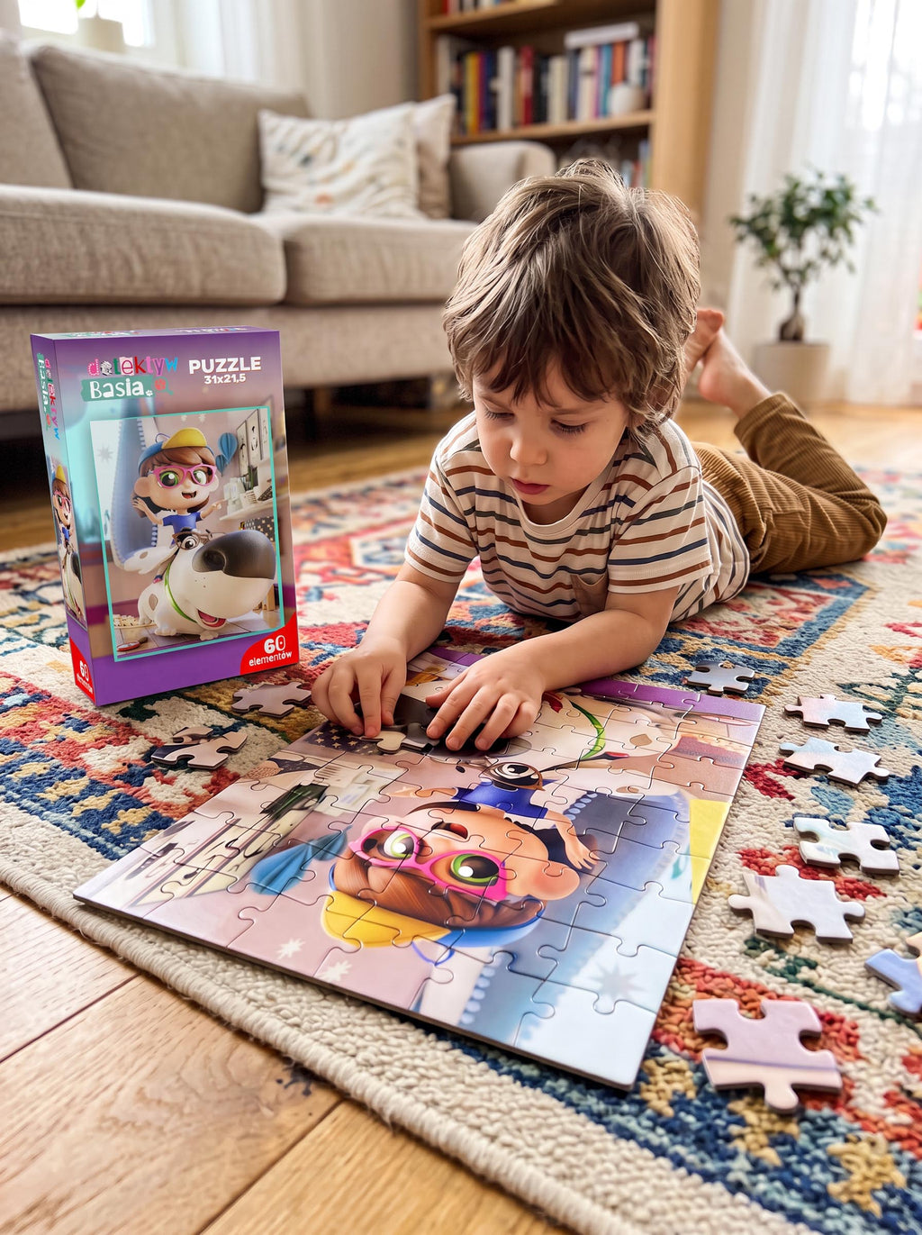 Dziecko układa puzzle Detektyw Basia 60 elementów na dywanie, obok pudełko puzzli 31x21,5 cm.