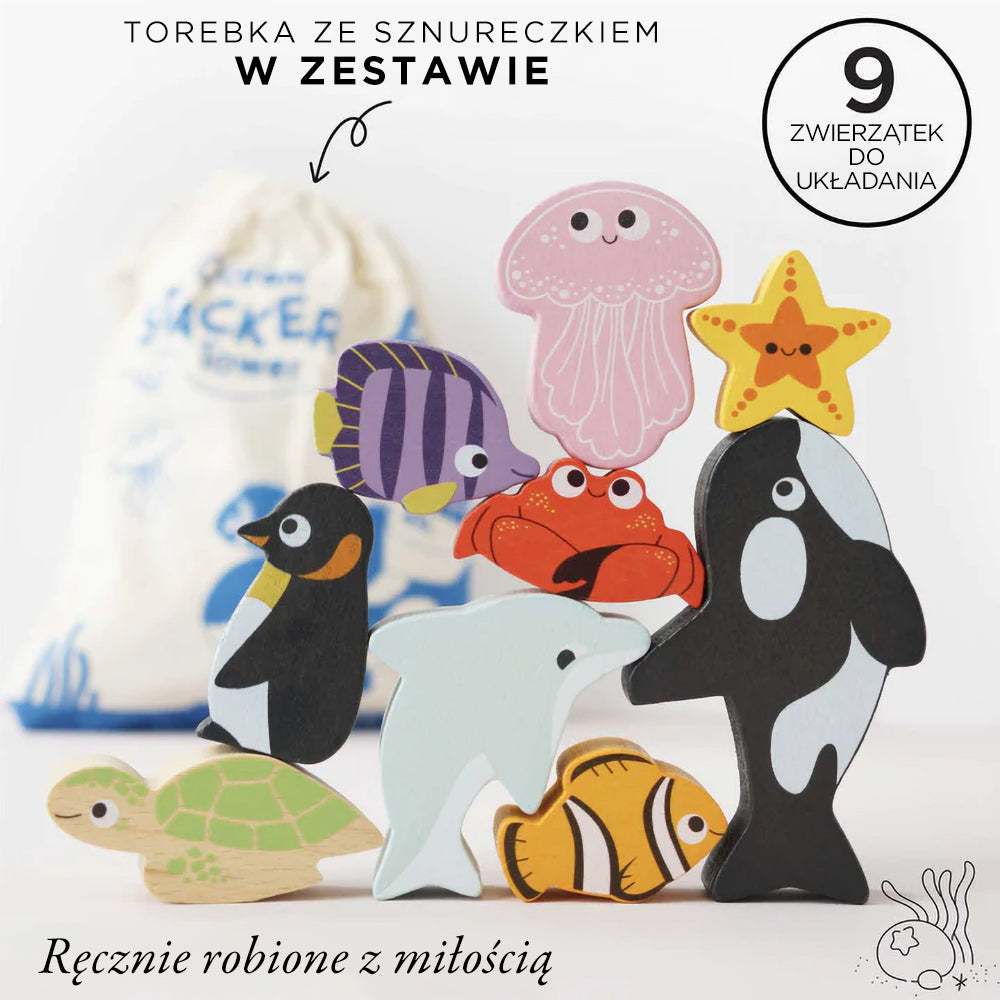 Drewniana układanka edukacyjna dla dzieci: 9 kolorowych figurek zwierząt morskich (orka, delfin, meduza, rozgwiazda, rybki, krab, pingwin, żółw), idealna do kreatywnego układania. Klocki z bezpiecznymi farbami i gładkimi krawędziami, z torbą na sznurek w zestawie.