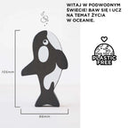Drewniana figurka orki, część edukacyjnej układanki rybki dla dzieci. Bezplastikowa zabawka o wymiarach 105x66mm, idealna do poznawania życia w oceanie.