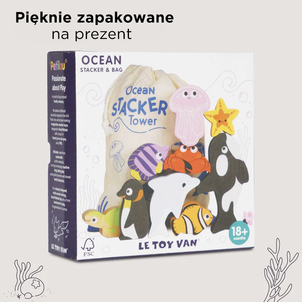 Pięknie zapakowane drewniane figurki zwierząt morskich Le Toy Van Ocean Stacker Tower, edukacyjna układanka dla dzieci.