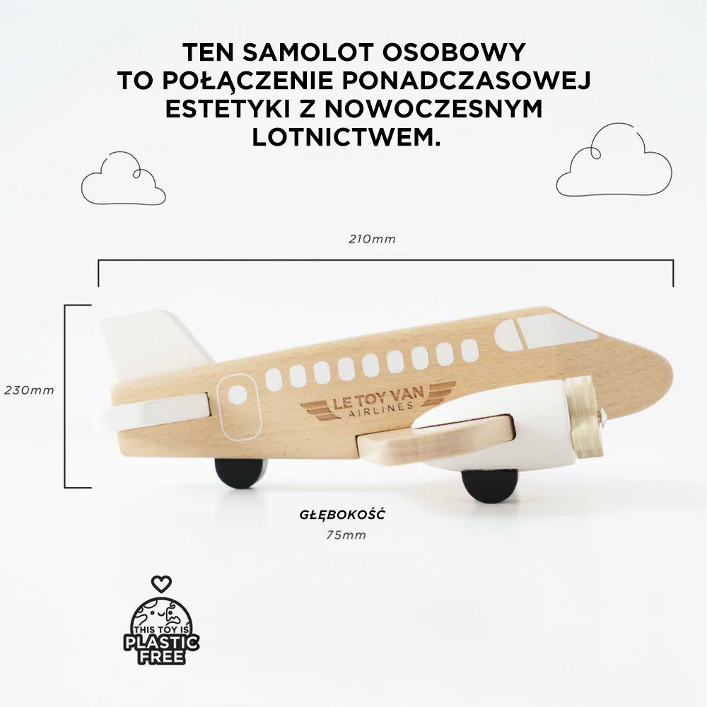 Drewniany samolot Le Toy Van Airlines z ruchomymi śmigłami, wykonany z certyfikowanego drewna FSC, bez plastiku. Ponadczasowa zabawka dla dzieci, inspirująca wyobraźnię.