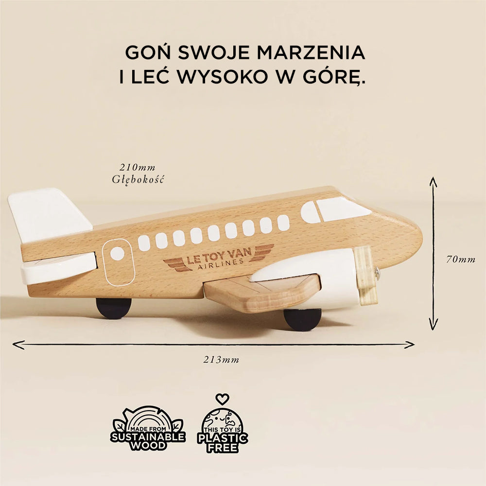 Drewniany samolot Le Toy Van Airlines z ruchomymi śmigłami, wykonany z drewna FSC, bez plastiku.