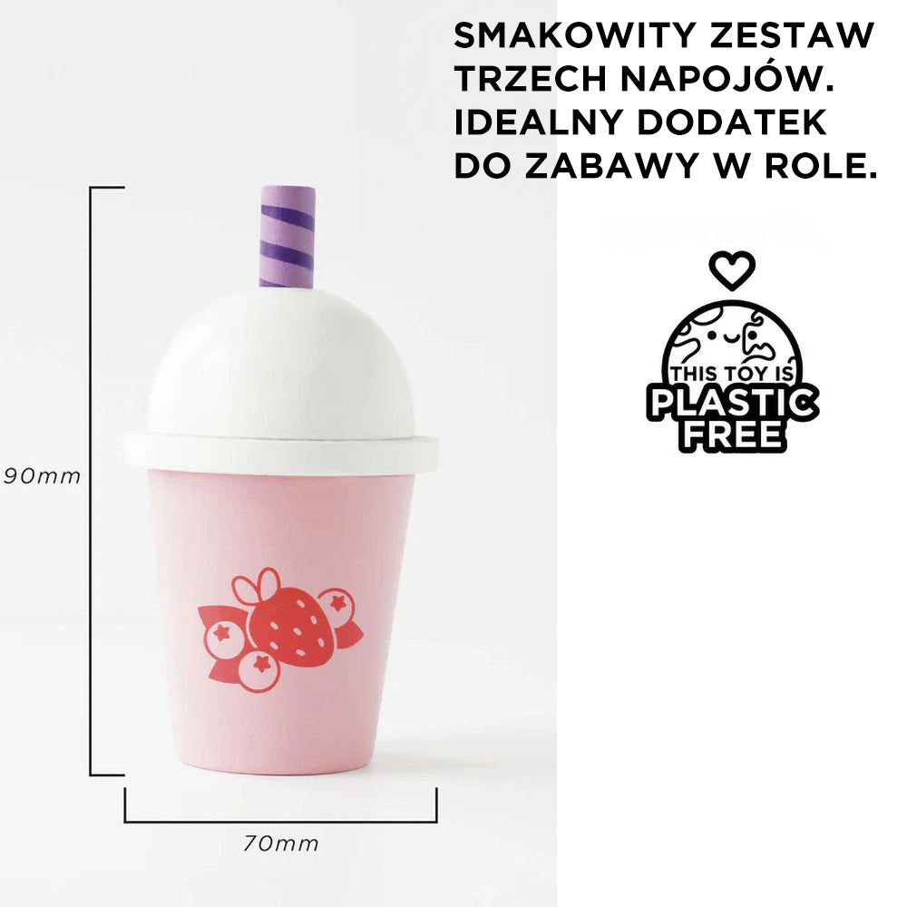 Drewniany zestaw napojów smoothie do zabawy w kawiarnię. Różowy kubek z owocowymi ilustracjami i fioletową słomką, zabawka bez plastiku.