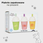 Drewniany zestaw 3 kolorowych smoothie w kubkach na wynos z słomkami, idealny do zabawy w kawiarnię lub sklep, pięknie zapakowany na prezent.