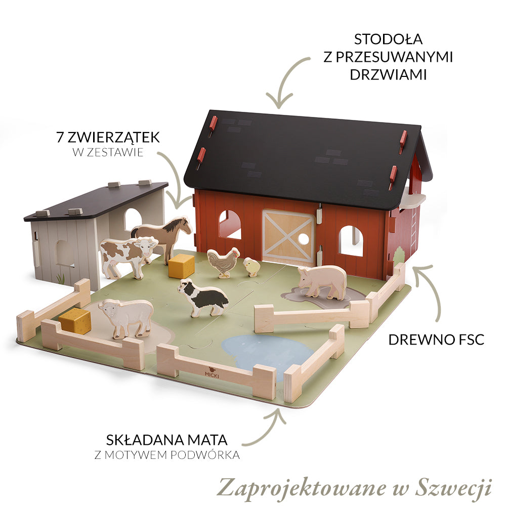 Drewniana farma, zabawka dla dzieci, zwięrzątka na wsi odgrywanie ról