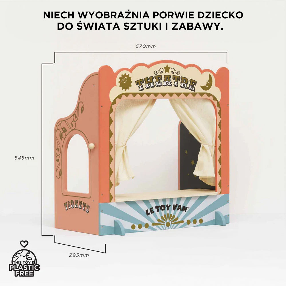 Drewniany teatr lalek Le Toy Van dla dzieci, pastelowy, z bawełnianymi kurtynami i okienkiem kasowym, idealny do kreatywnej zabawy z pacynkami. Zabawka bez plastiku.