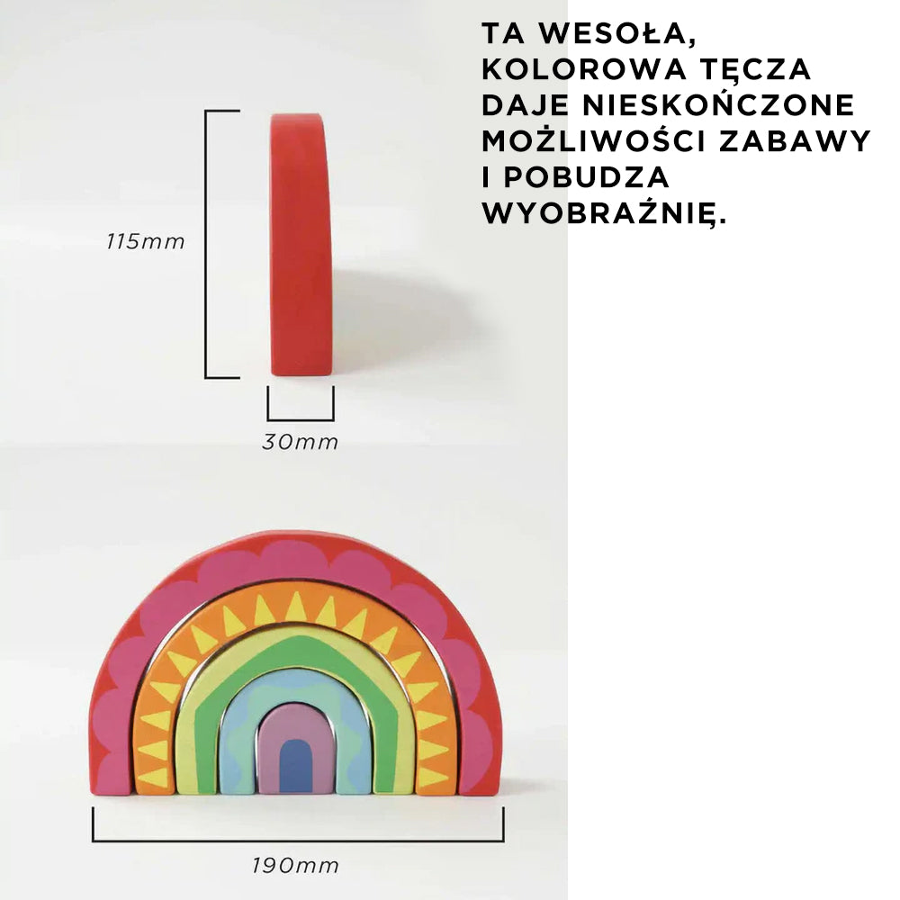 Drewniane klocki tęcza Montessori: zestaw 5 kolorowych łuków z wzorami do układania i sortowania. Edukacyjna zabawka dla dzieci, rozwijająca wyobraźnię i motorykę, z widocznymi wymiarami.