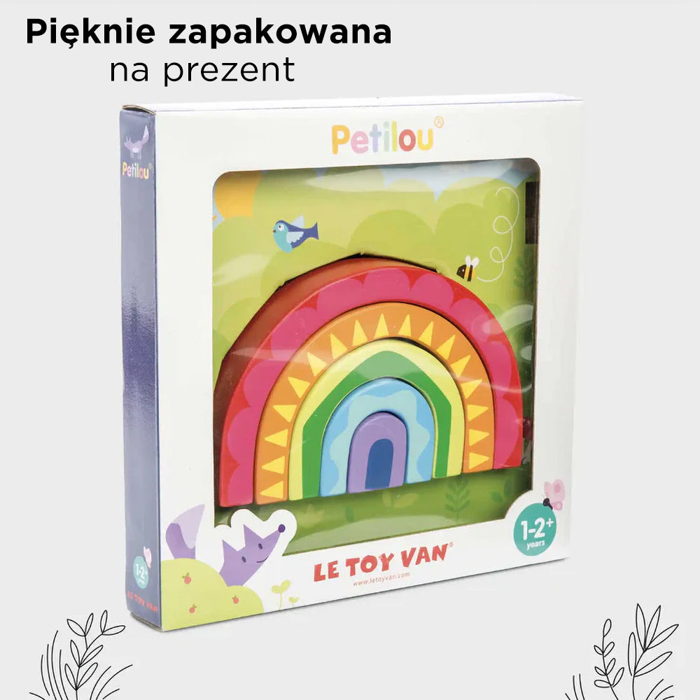 Drewniane klocki tęcza Petilou Le Toy Van w eleganckim opakowaniu prezentowym. Edukacyjna zabawka Montessori dla dzieci 1-2+ lat, rozwijająca zmysły i zręczność.
