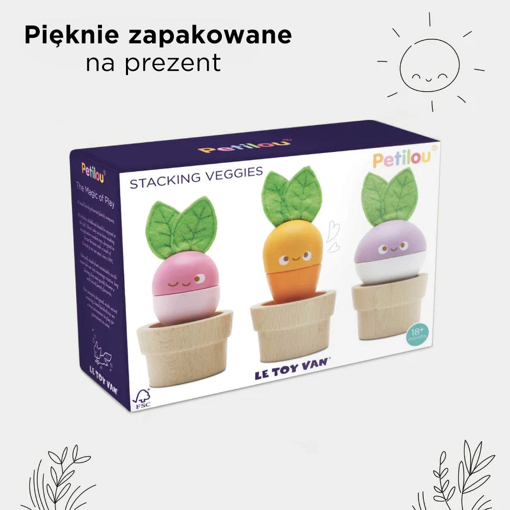 Drewniana układanka warzywa Petilou Le Toy Van, pięknie zapakowana na prezent. Edukacyjna zabawka dla dzieci z marchewką, burakiem i rzodkiewką.
