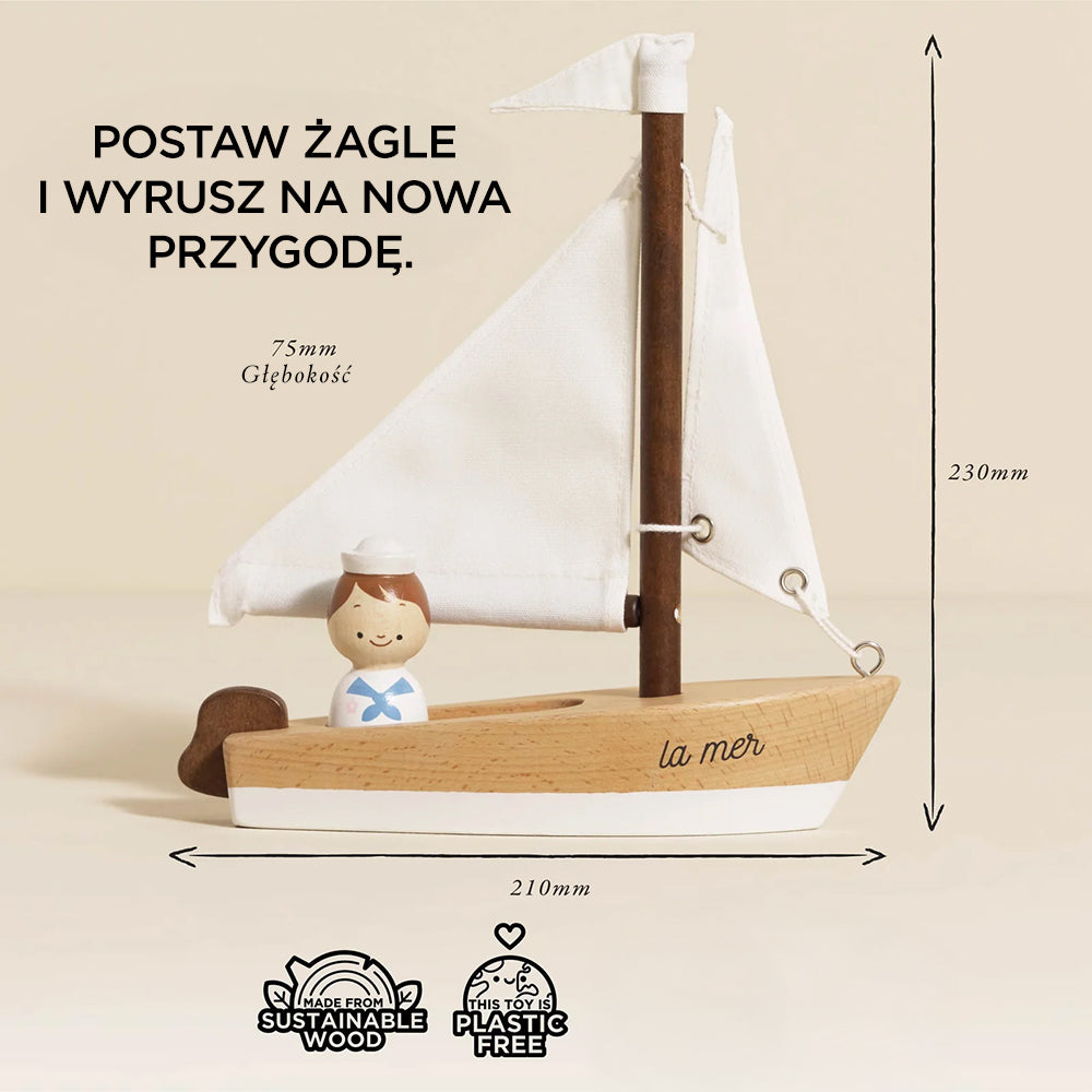 Drewniana żaglówka z uroczym kapitanem, wykonana z ekologicznego drewna bukowego i bawełnianych żagli. Bezpieczna, bezplastikowa zabawka i stylowa dekoracja.