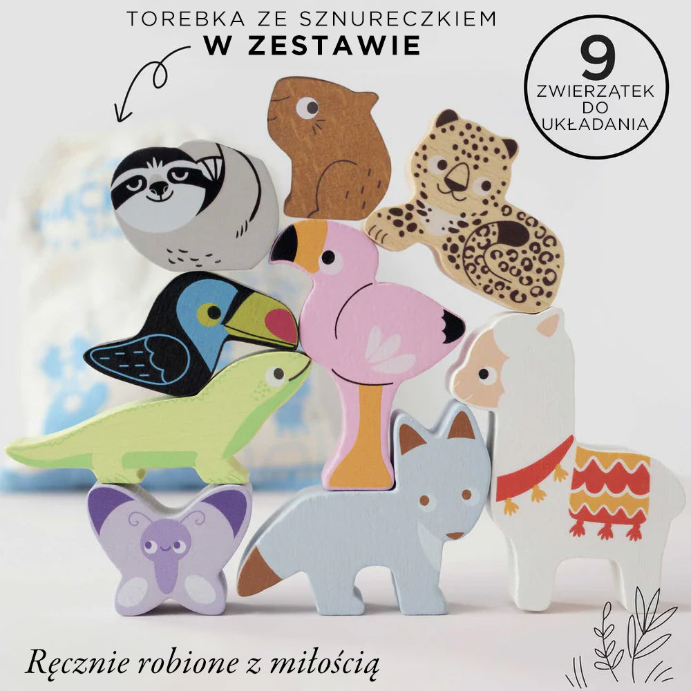 Zestaw 9 kolorowych, ręcznie robionych drewnianych figurek zwierząt górskich. Idealna zabawka układanka dla małych dzieci: alpaka, leniwiec, jaguar i inne.