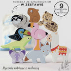 Zestaw 9 kolorowych, ręcznie robionych drewnianych figurek zwierząt górskich. Idealna zabawka układanka dla małych dzieci: alpaka, leniwiec, jaguar i inne.