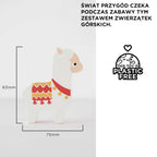 Gruba drewniana figurka alpaki (93x75mm) z kolorowym wzorem, część układanki Drewniane figurki zwierzątka górskie. Bezpieczna, bezplastikowa zabawka dla małych dzieci.
