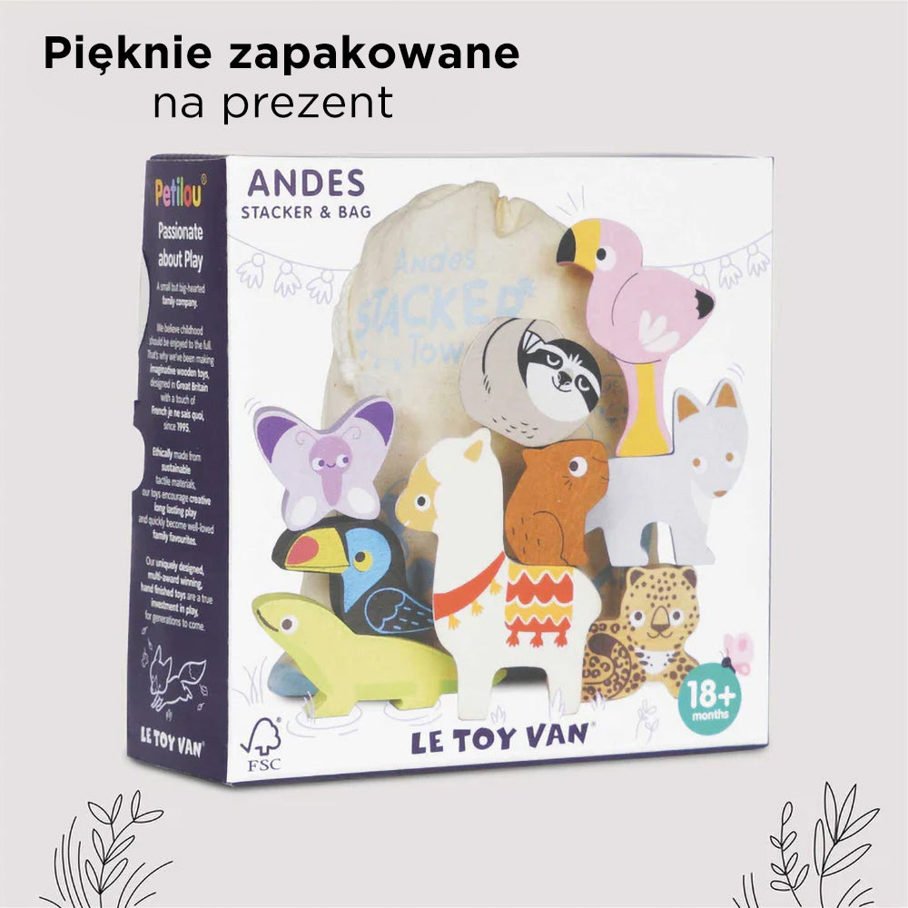 Pudełko Le Toy Van Petilou Andes Stacker & Bag z kolorowymi drewnianymi figurkami zwierząt górskich, takimi jak alpaka i leniwiec, idealne na prezent dla dziecka.