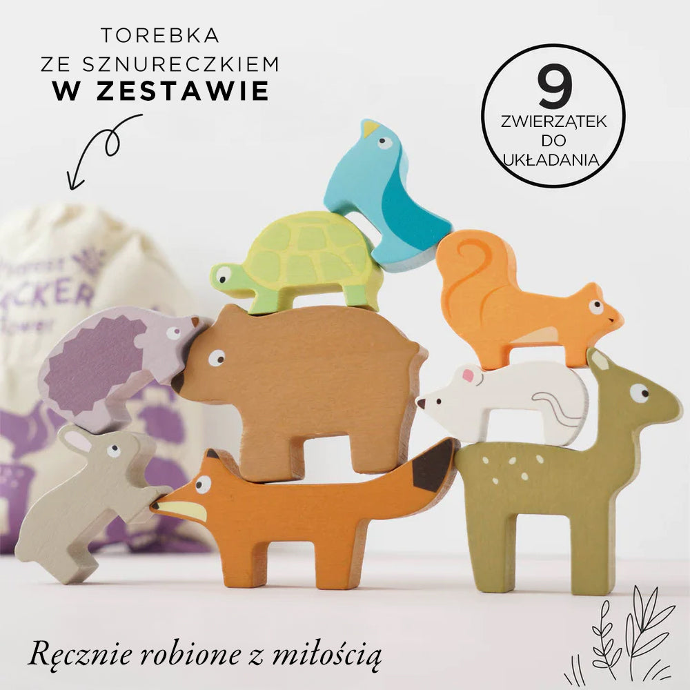 Drewniana układanka zwierzątka leśne dla dzieci – zestaw 9 grubych, kolorowych figurek (lis, królik, jeż, niedźwiedź, mysz, żółw, wiewiórka, ptak, jeleń). Idealna do układania przestrzennie, rozwija motorykę małą. W zestawie praktyczna torebka.