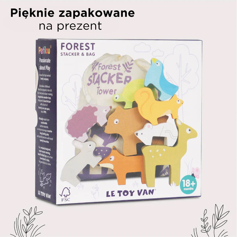 Drewniana układanka Petilou Le Toy Van Forest Stacker z kolorowymi figurkami zwierząt leśnych: lis, królik, niedźwiedź, jeleń, wiewiórka, ptak. Pięknie zapakowana na prezent dla dzieci od 18 miesięcy.